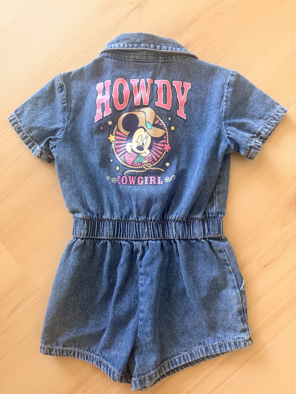 Disney Denim Romper with Pink & Cream Cowgirl Graphic